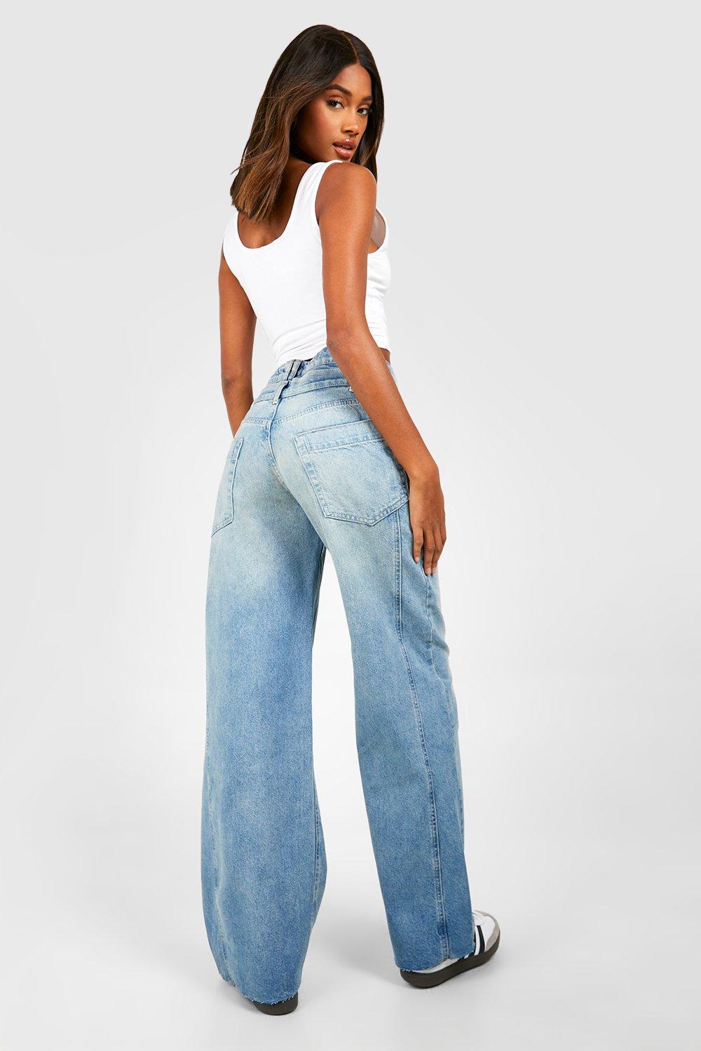 Double Waistband Detail Straight Leg Jeans | boohoo USA